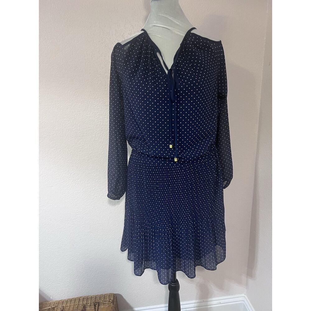 MICHAEL KORS DRESS BLUE WHITE POLKA DOTS LONG SLEEVES RUCHED TIMELESS PREPPY S